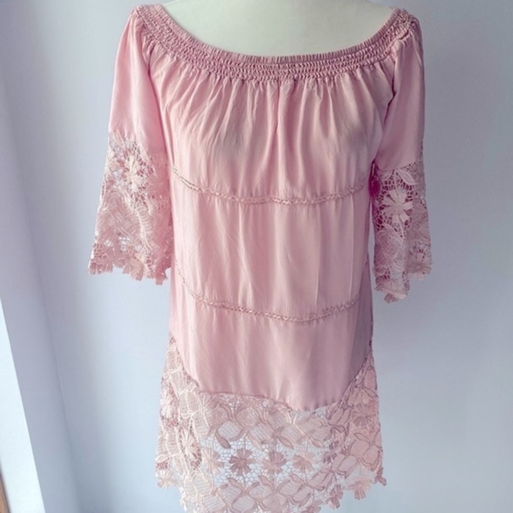 SOLITAIRE SWIM Dress Coverup w/ Lace 3/4 Sleeves Trim Light Pink Tunic Small